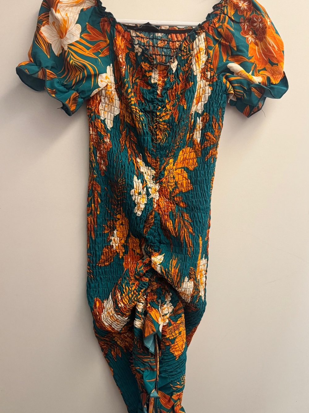 Teal Floral Smocked Midi Skirt with Drawstring Hem, Very form flattering!